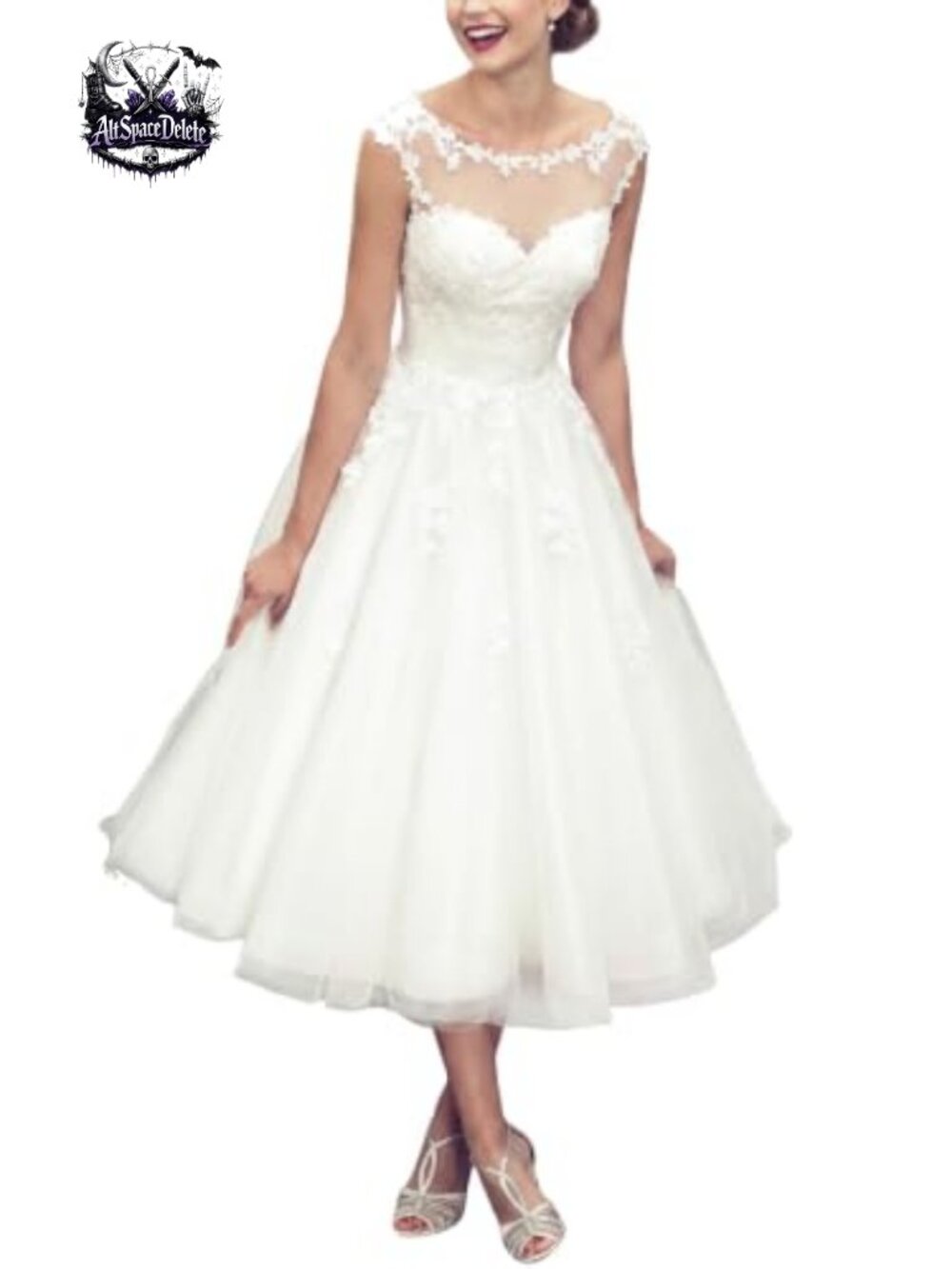 Sheer Lace Satin A-Line Wedding Dress Midi Bridal Gown